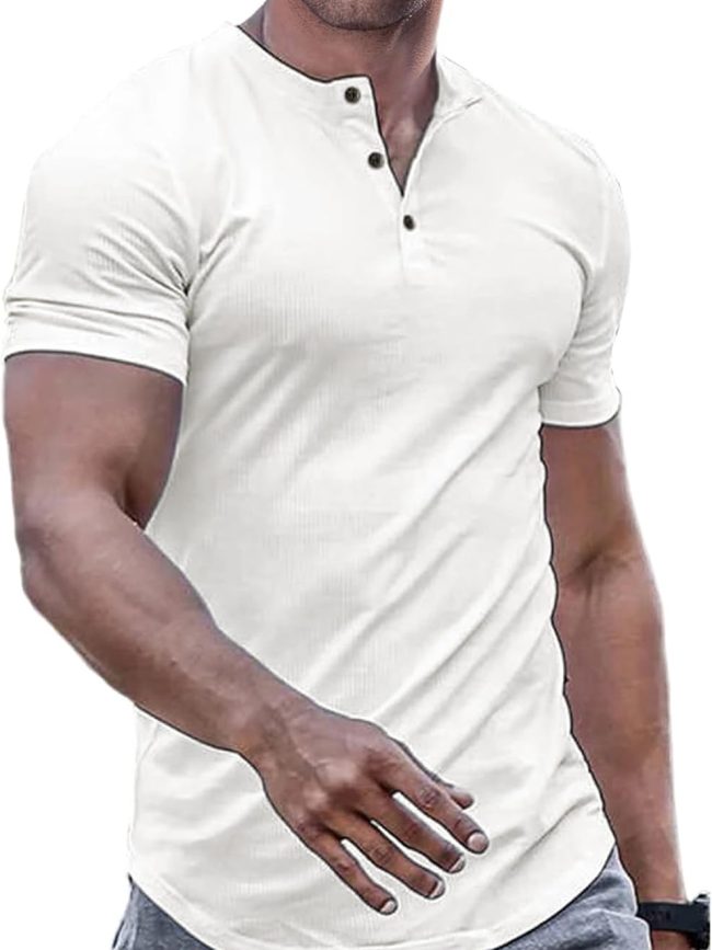 Men's Muscle Slim Henley Shirts Crewneck Longline T-Shirt Gym Workout Athletic Shirt Tees with Button